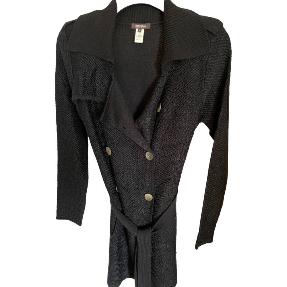 Black Double Breasted Wood Blend Black Long Sweater - Medium